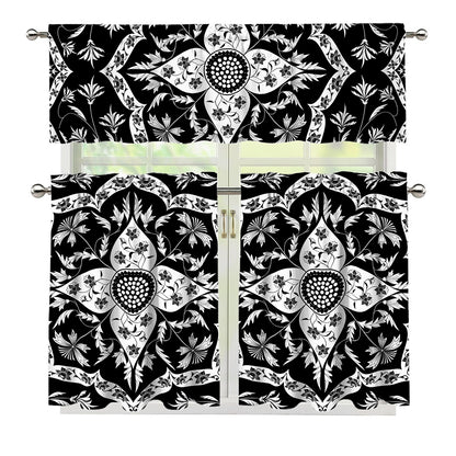 Black And White Lotus Mandala Print 3 Piece Kitchen Curtains