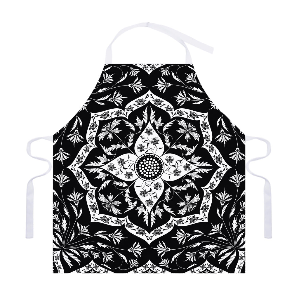 Black And White Lotus Mandala Print Adjustable Apron