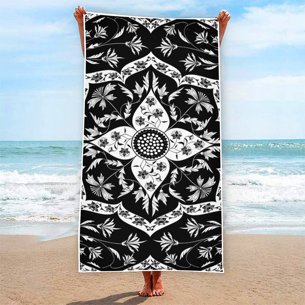 Black And White Lotus Mandala Print Beach Towel