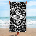 Black And White Lotus Mandala Print Beach Towel