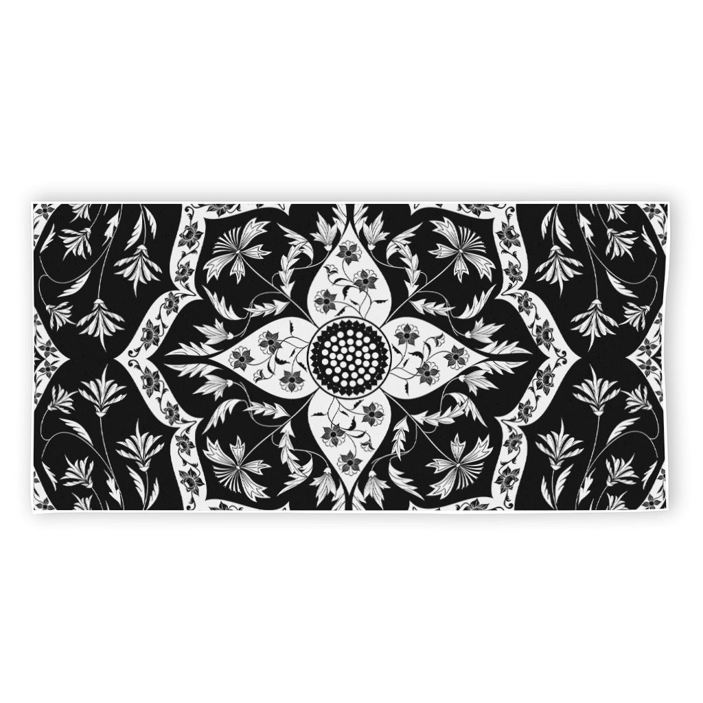 Black And White Lotus Mandala Print Beach Towel