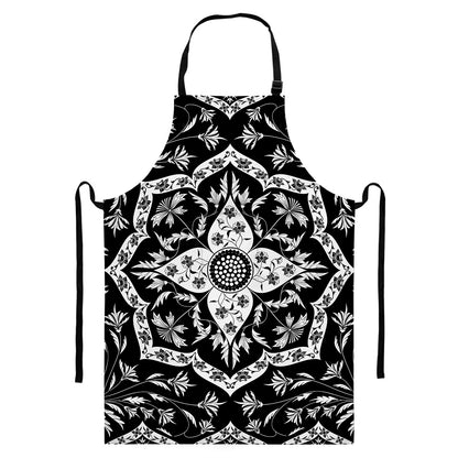 Black And White Lotus Mandala Print Bib Apron With Pocket
