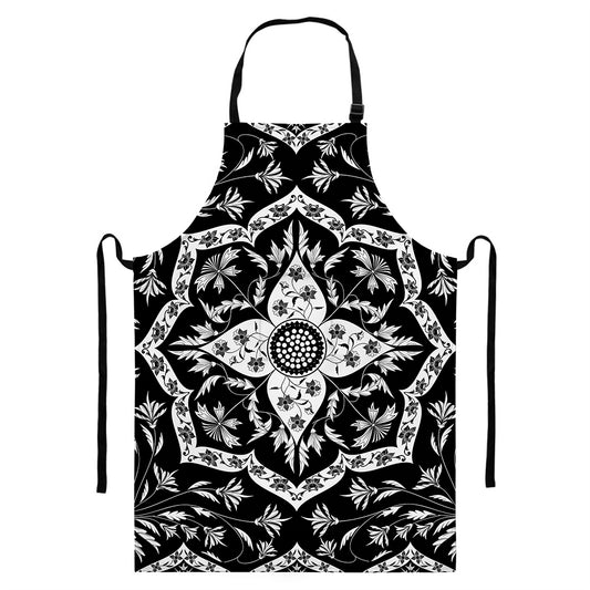 Black And White Lotus Mandala Print Bib Apron With Pocket
