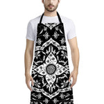 Black And White Lotus Mandala Print Bib Apron With Pocket