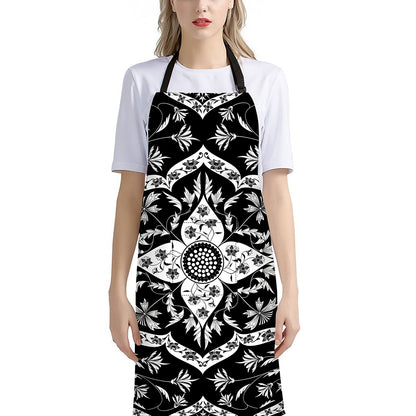 Black And White Lotus Mandala Print Bib Apron With Pocket