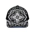 Black And White Lotus Mandala Print Black Mesh Trucker Hat