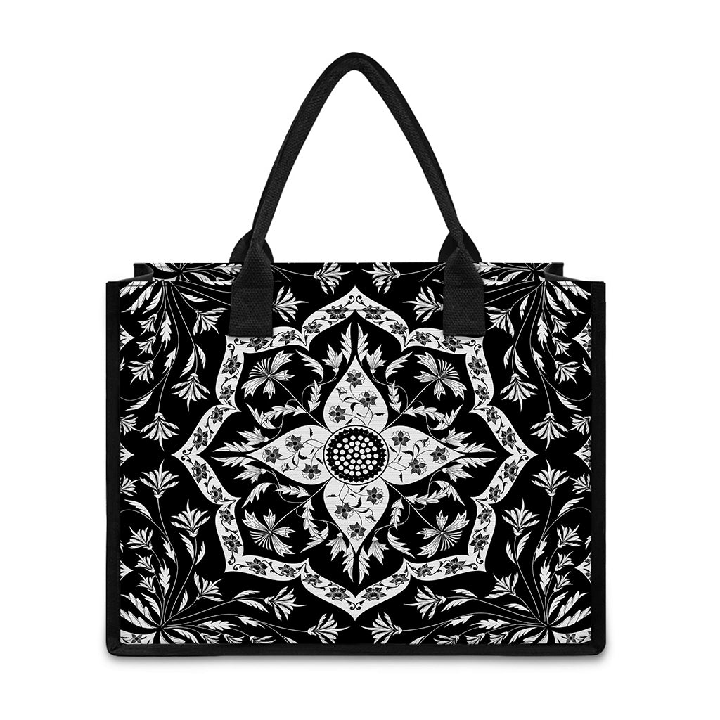 Black And White Lotus Mandala Print Canvas Tote Bag