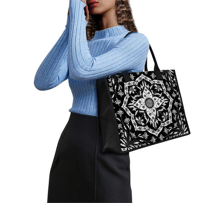 Black And White Lotus Mandala Print Canvas Tote Bag