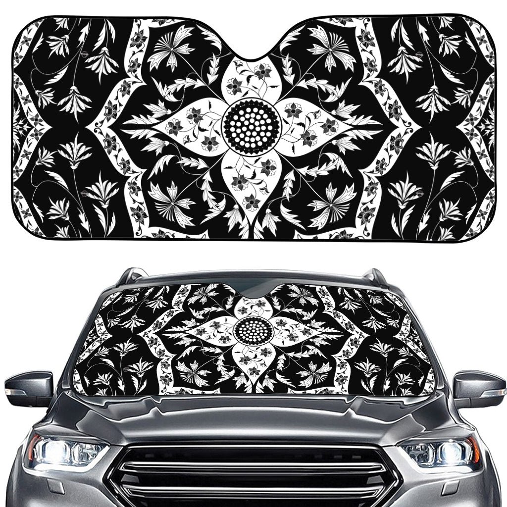 Black And White Lotus Mandala Print Car Windshield Sun Shade