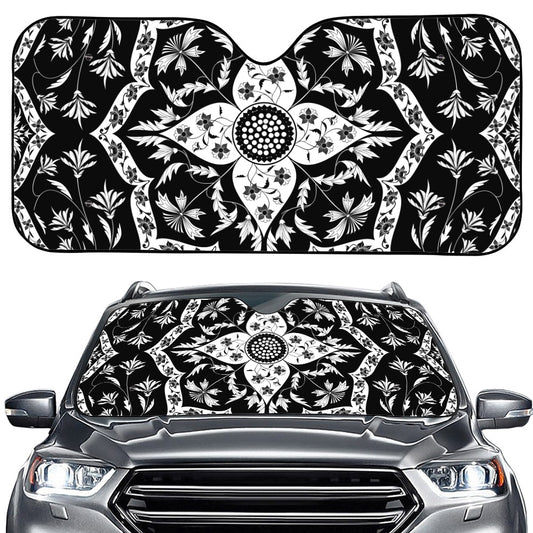 Black And White Lotus Mandala Print Car Windshield Sun Shade