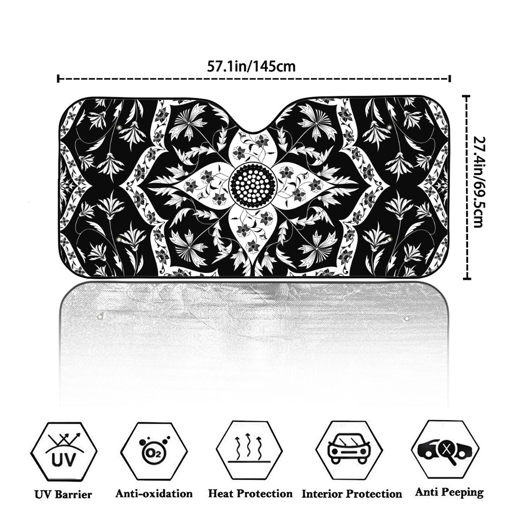 Black And White Lotus Mandala Print Car Windshield Sun Shade