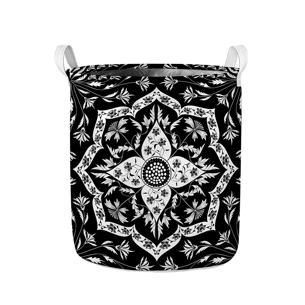 Black And White Lotus Mandala Print Collapsible Laundry Basket