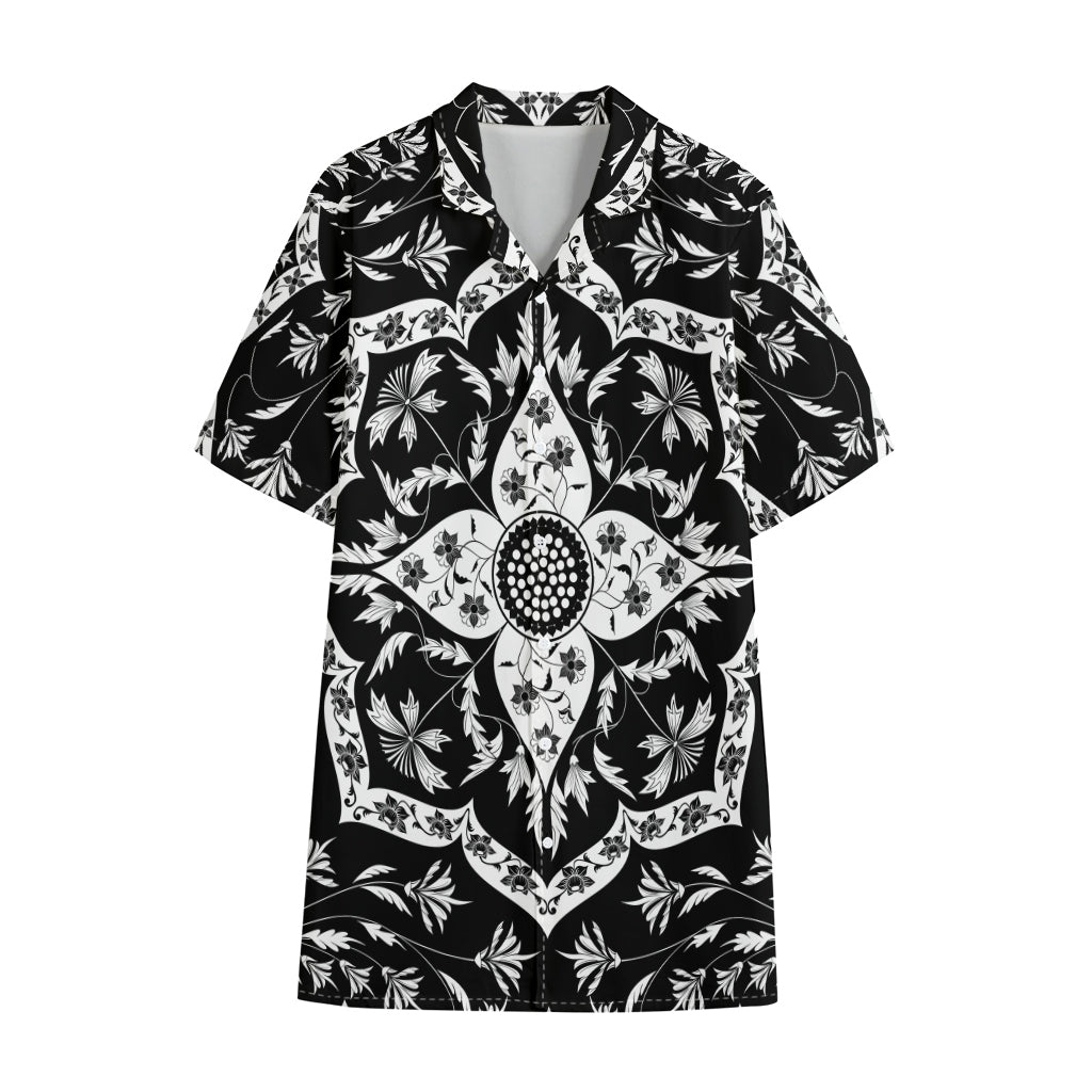 Black And White Lotus Mandala Print Cotton Hawaiian Shirt