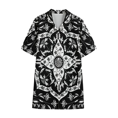 Black And White Lotus Mandala Print Cotton Hawaiian Shirt
