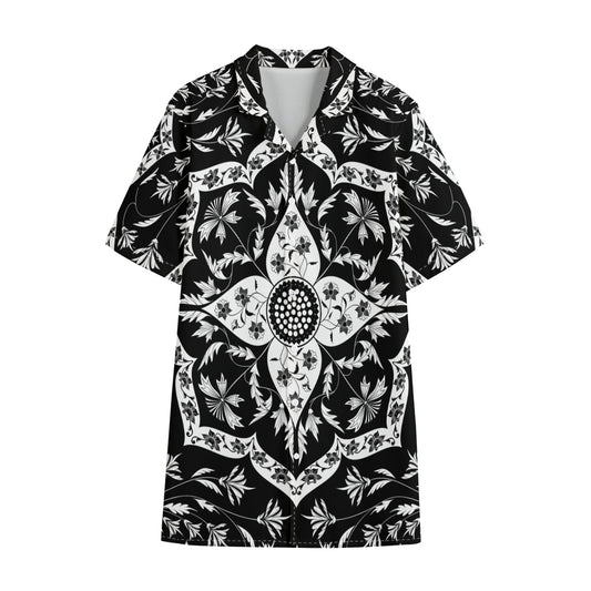 Black And White Lotus Mandala Print Cotton Hawaiian Shirt