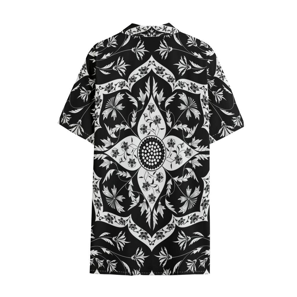 Black And White Lotus Mandala Print Cotton Hawaiian Shirt