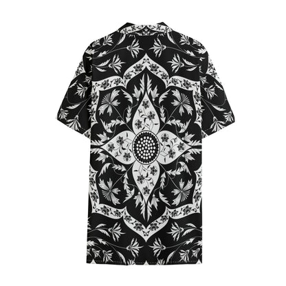 Black And White Lotus Mandala Print Cotton Hawaiian Shirt
