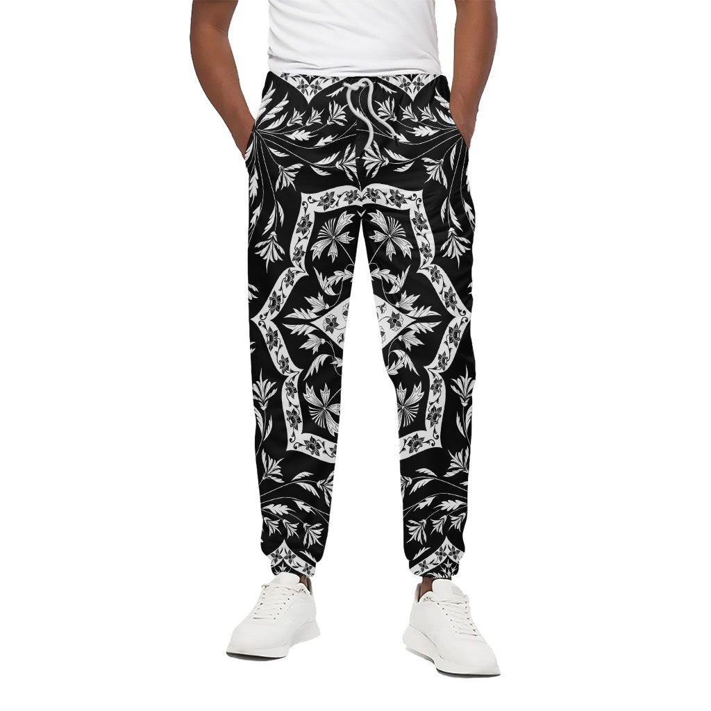 Black And White Lotus Mandala Print Cotton Pants