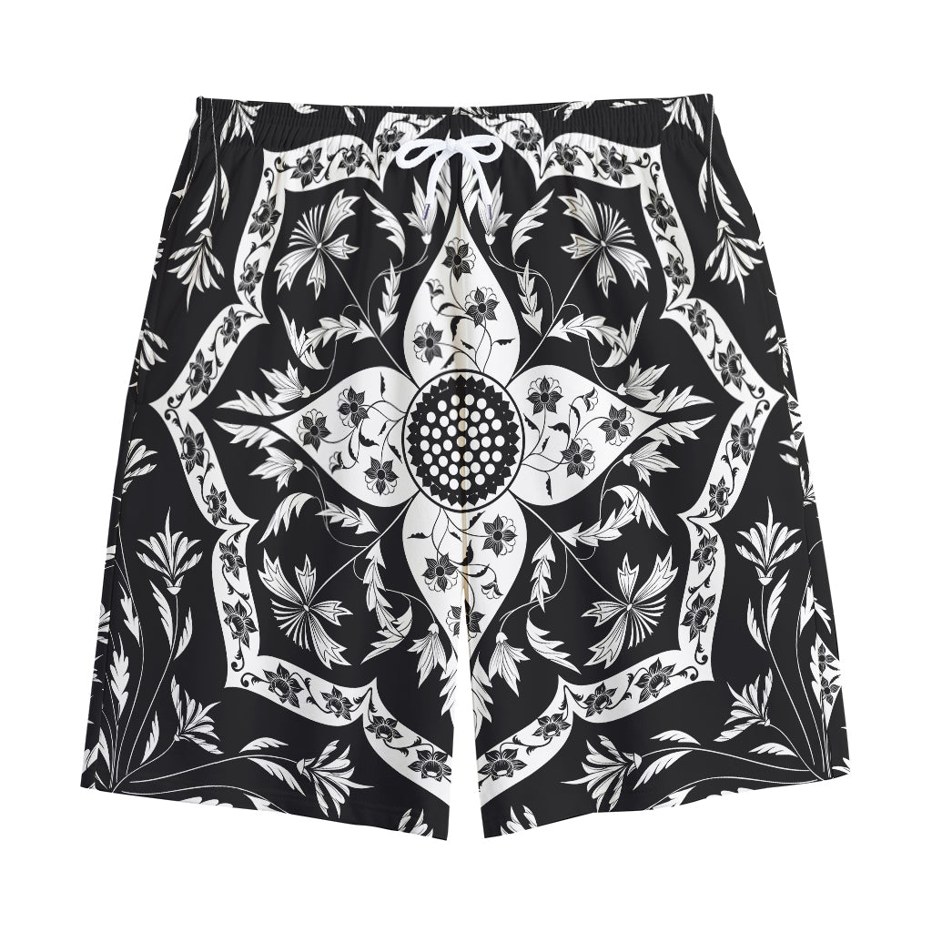 Black And White Lotus Mandala Print Cotton Shorts