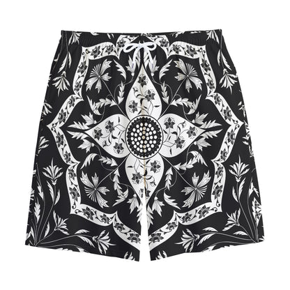 Black And White Lotus Mandala Print Cotton Shorts
