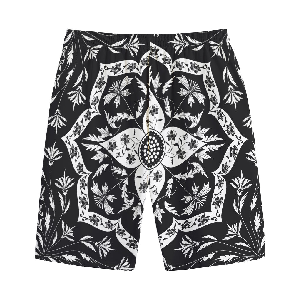 Black And White Lotus Mandala Print Cotton Shorts