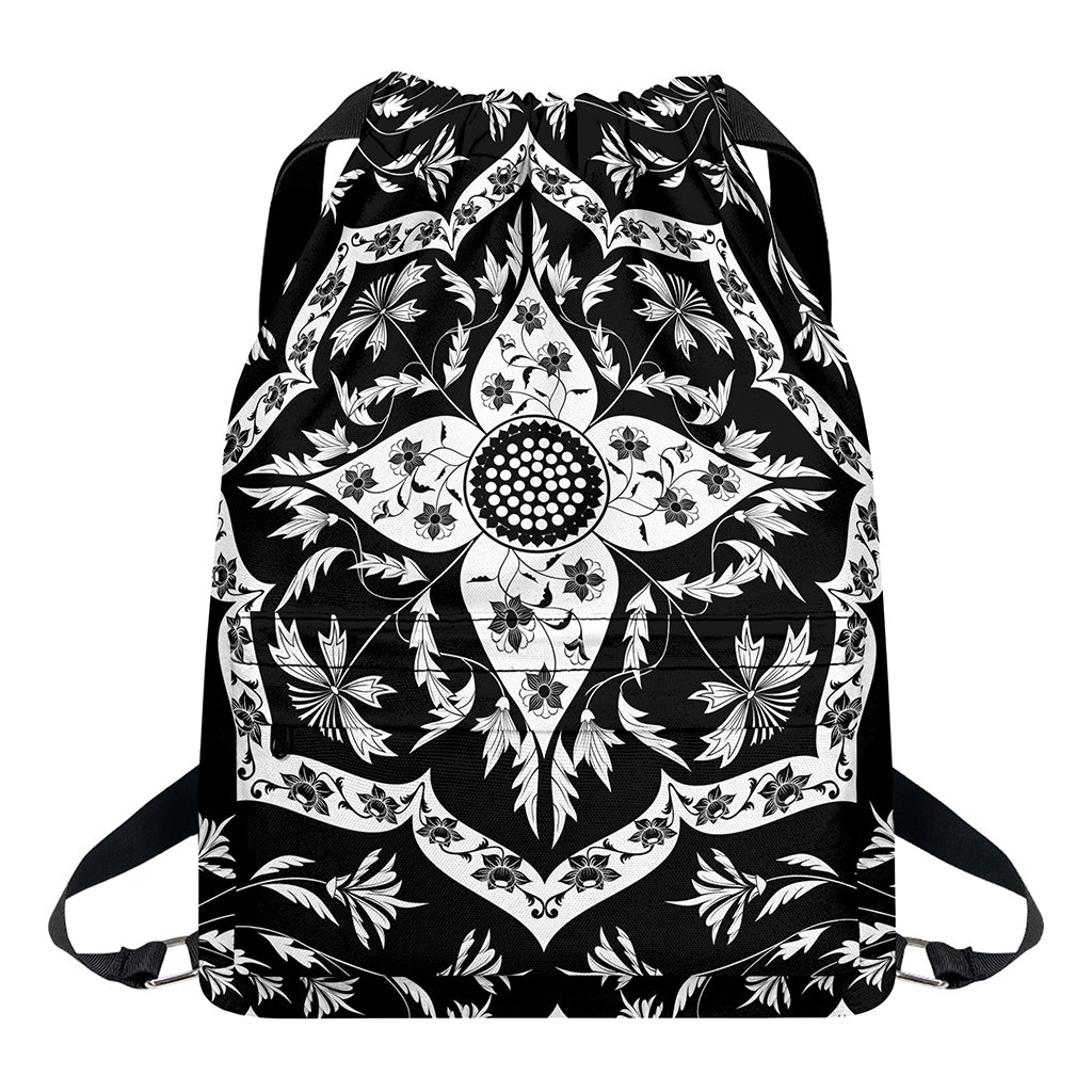 Black And White Lotus Mandala Print Drawstring Backpack