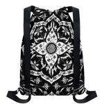 Black And White Lotus Mandala Print Drawstring Backpack