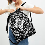 Black And White Lotus Mandala Print Drawstring Backpack