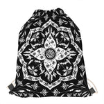Black And White Lotus Mandala Print Drawstring Bag