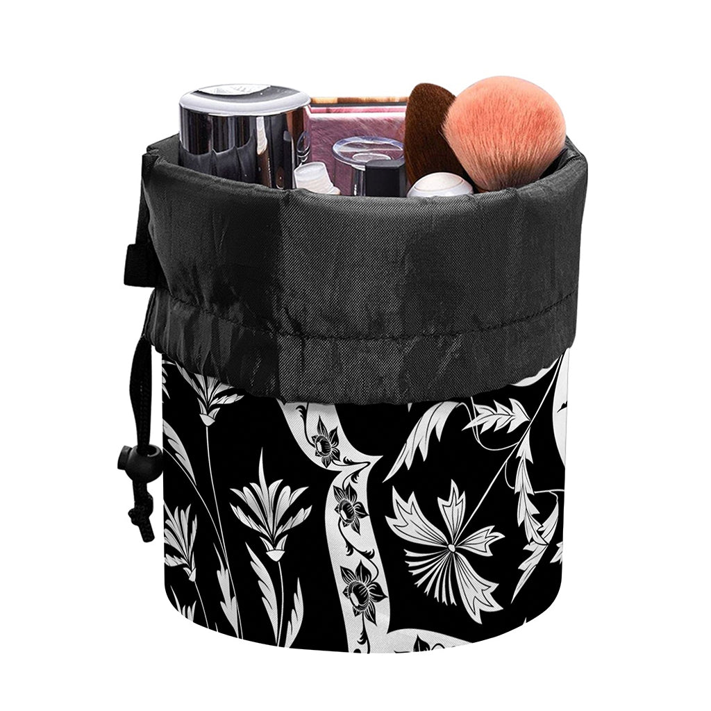 Black And White Lotus Mandala Print Drawstring Makeup Bag