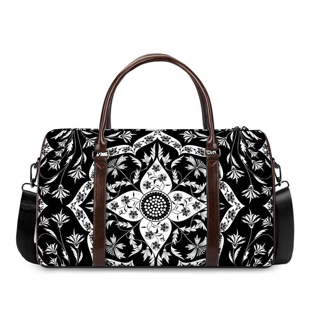 Black And White Lotus Mandala Print Duffle Bag