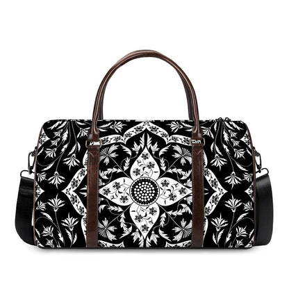 Black And White Lotus Mandala Print Duffle Bag