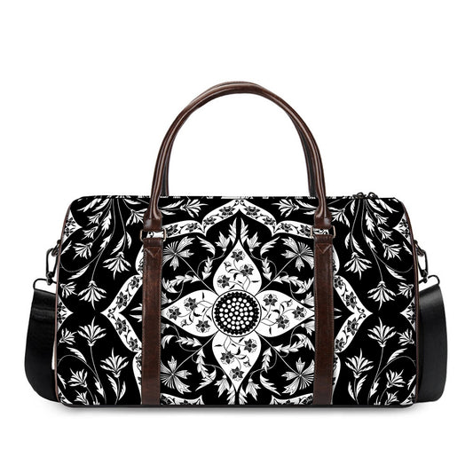 Black And White Lotus Mandala Print Duffle Bag