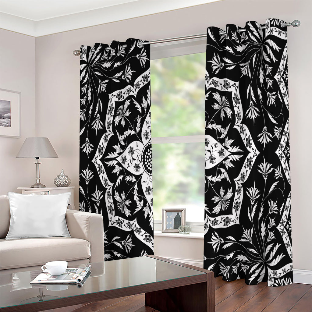 Black And White Lotus Mandala Print Extra Wide Grommet Curtains