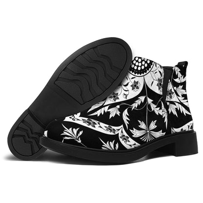 Black And White Lotus Mandala Print Flat Ankle Boots