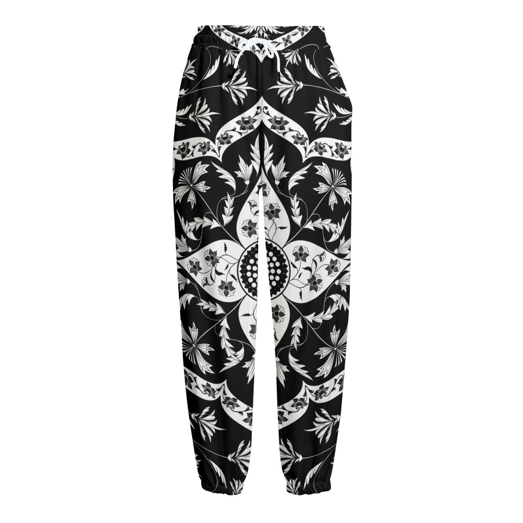 Black And White Lotus Mandala Print Fleece Lined Knit Pants