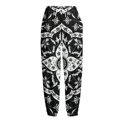 Black And White Lotus Mandala Print Fleece Lined Knit Pants