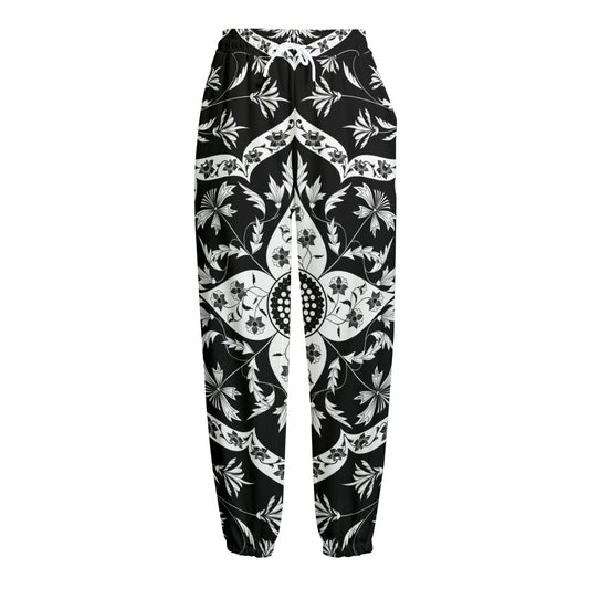 Black And White Lotus Mandala Print Fleece Lined Knit Pants