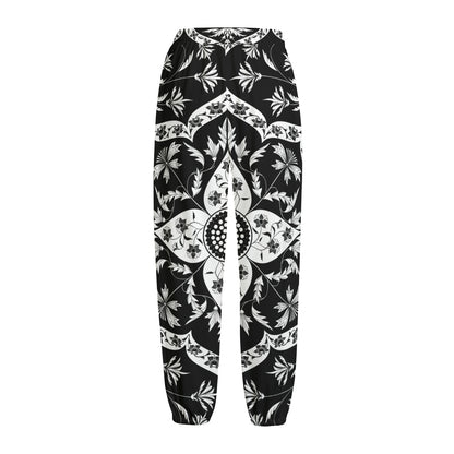 Black And White Lotus Mandala Print Fleece Lined Knit Pants