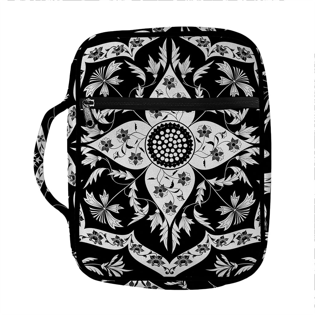 Black And White Lotus Mandala Print Front Pocket Bible Bag
