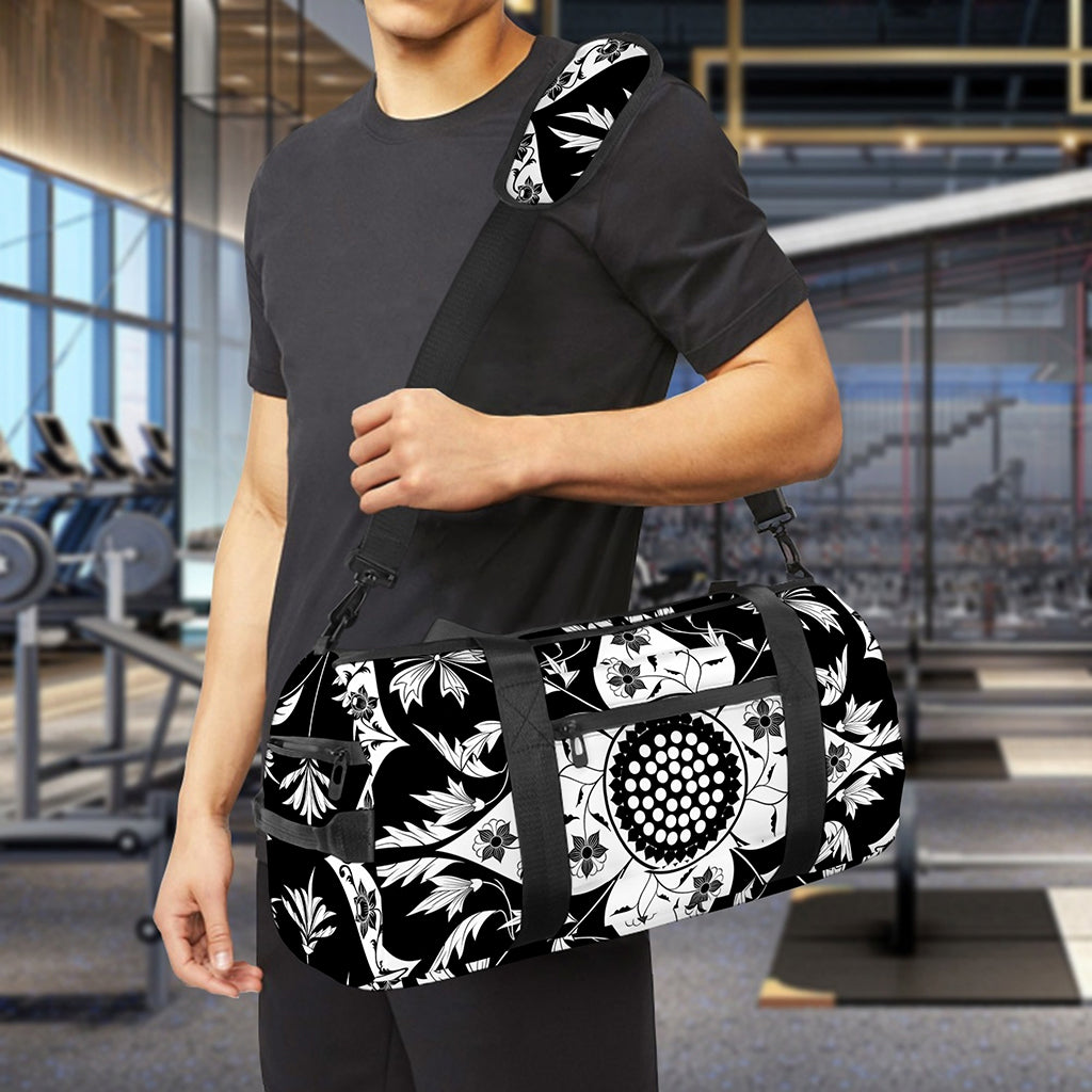 Black And White Lotus Mandala Print Gym Bag