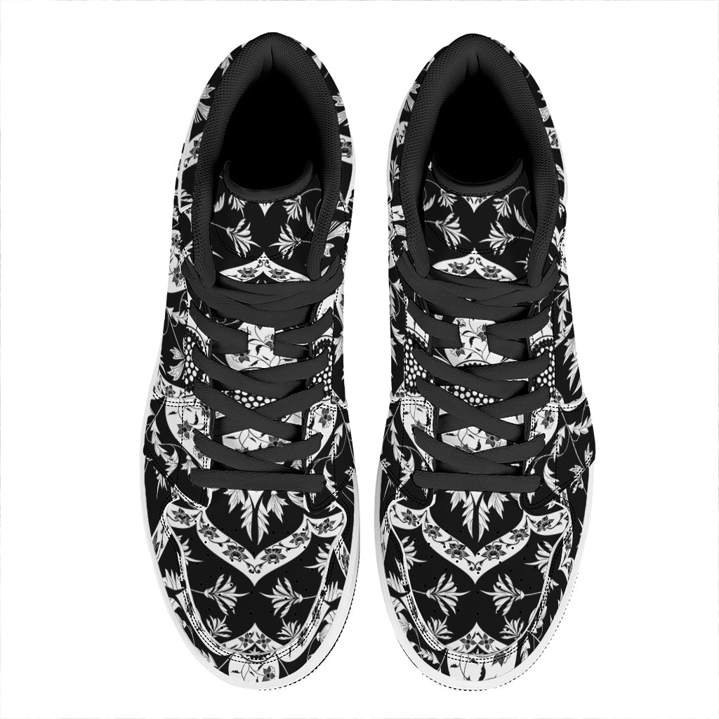 Black And White Lotus Mandala Print High Top Leather Sneakers