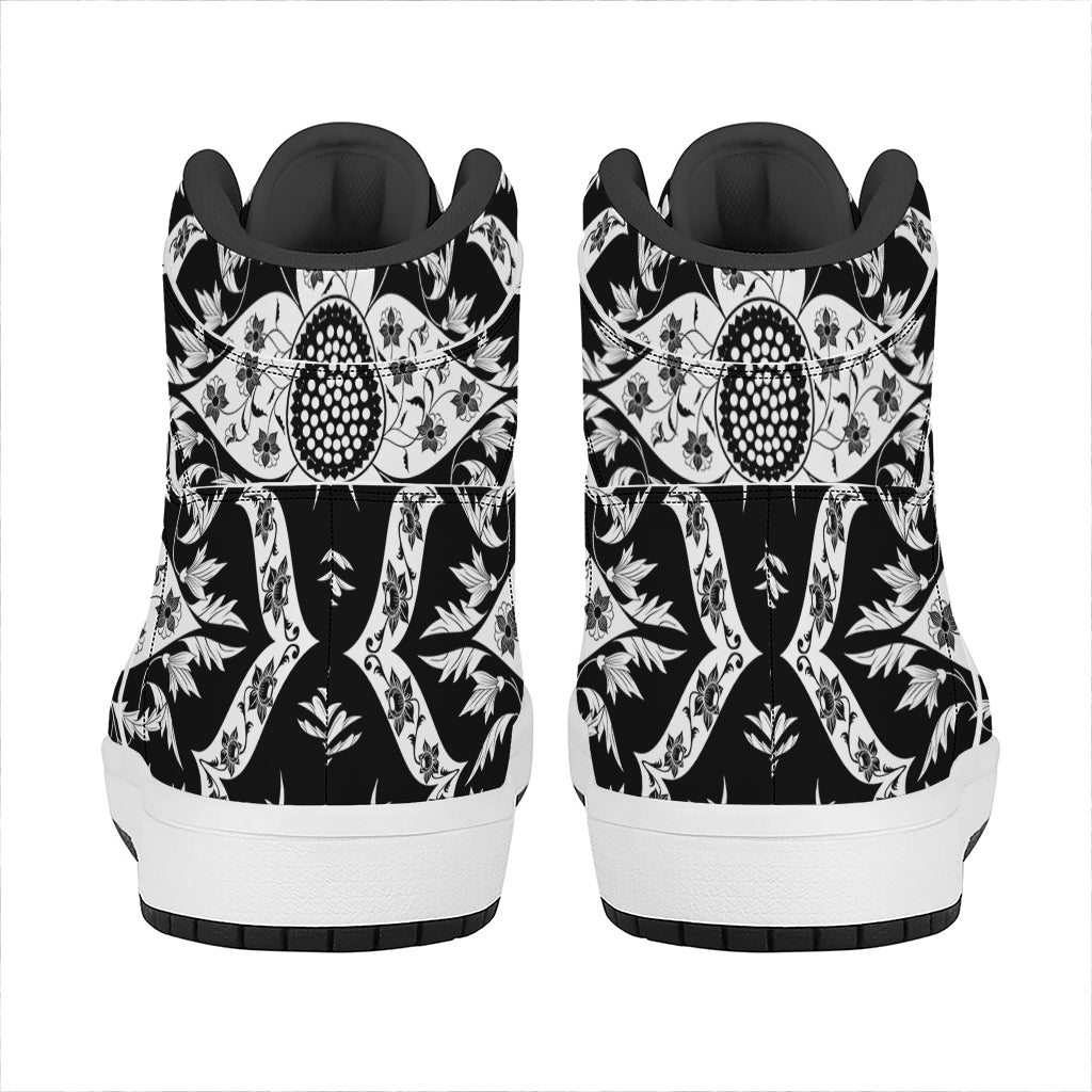 Black And White Lotus Mandala Print High Top Leather Sneakers