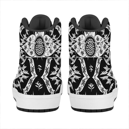 Black And White Lotus Mandala Print High Top Leather Sneakers