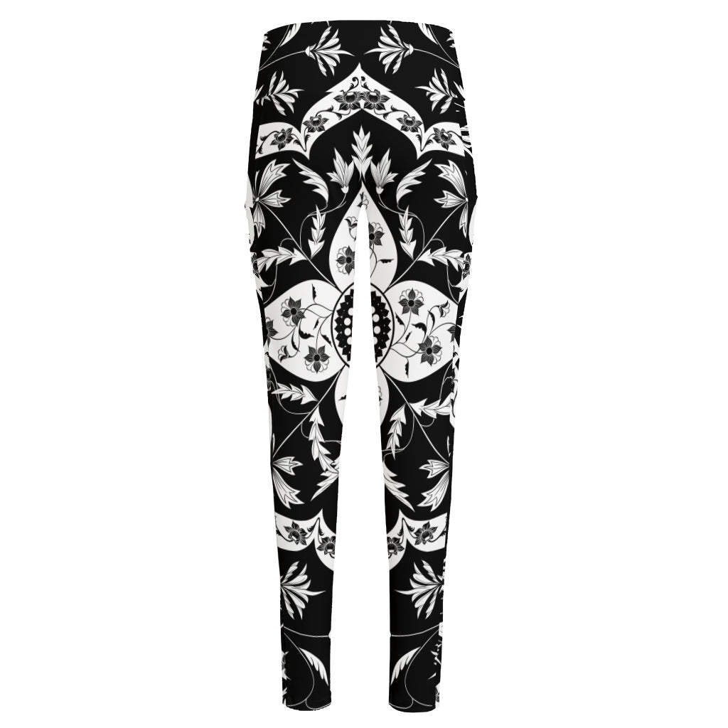 Black And White Lotus Mandala Print High-Waisted Pocket Leggings