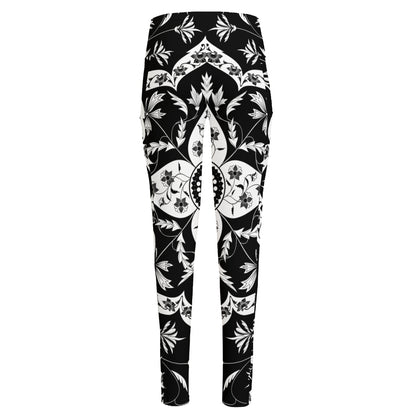 Black And White Lotus Mandala Print High-Waisted Pocket Leggings