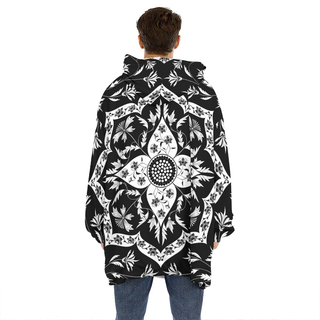 Black And White Lotus Mandala Print Hoodie Blanket
