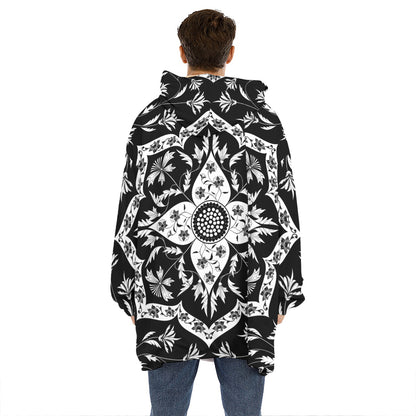 Black And White Lotus Mandala Print Hoodie Blanket