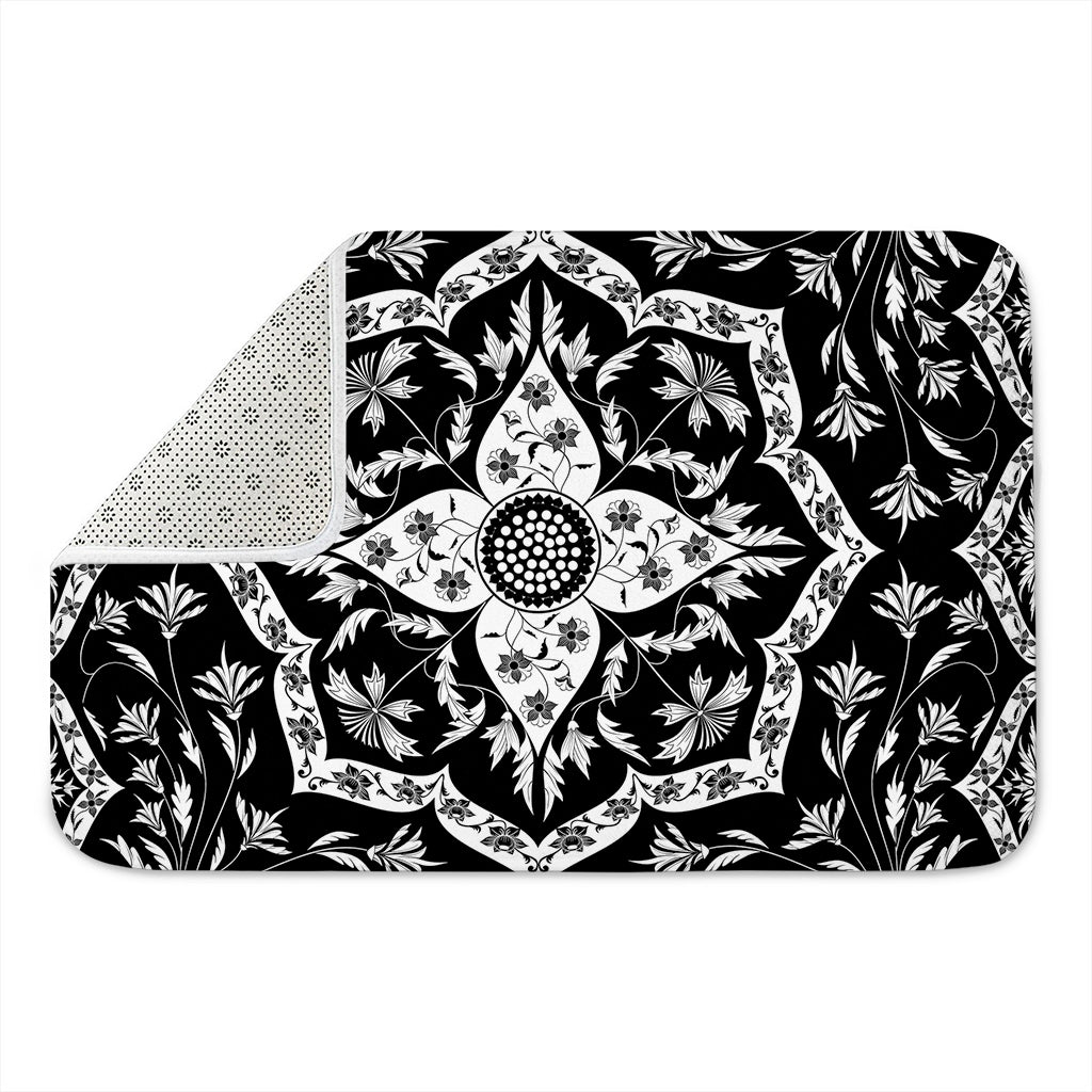 Black And White Lotus Mandala Print Indoor Door Mat