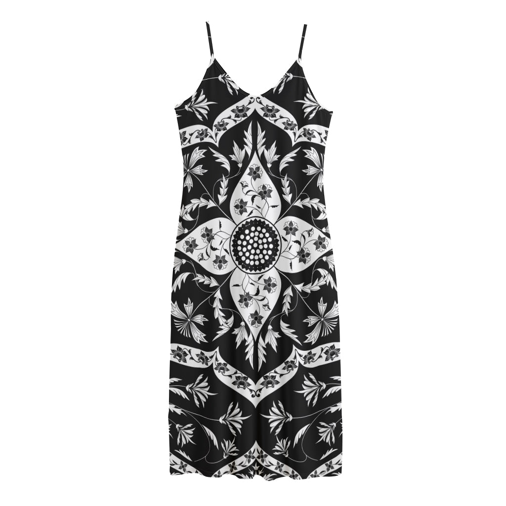 Black And White Lotus Mandala Print Jersey Midi Cami Dress
